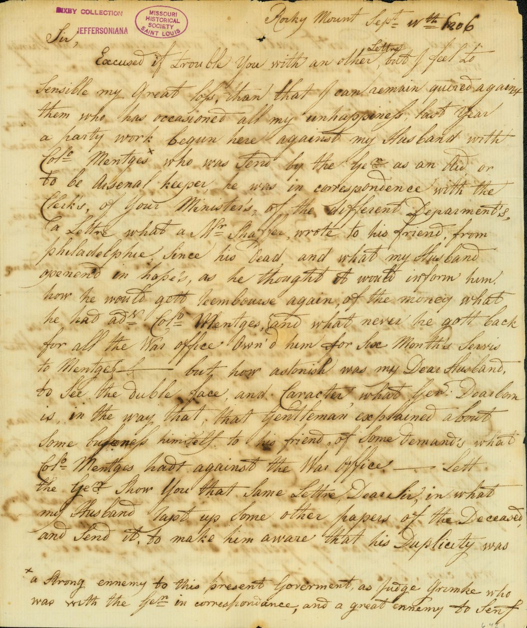 Carta assinada por Gertrude Joan Senf, Rocky Mount, a Thomas Jefferson, 11 de Setembro de 1806 de Gertrude Joan Senf