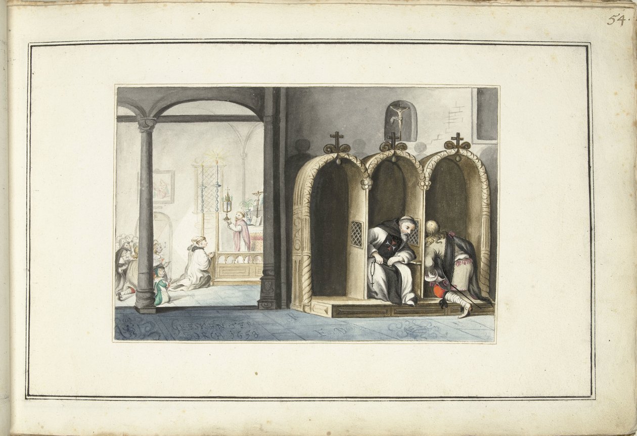 Interior da igreja com confessionário de Gesina ter Borch (signed by artist)