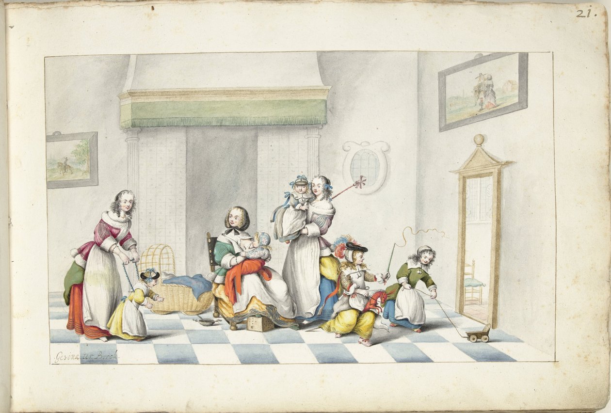 Quarto infantil com três mulheres e crianças de Gesina ter Borch (signed by artist)