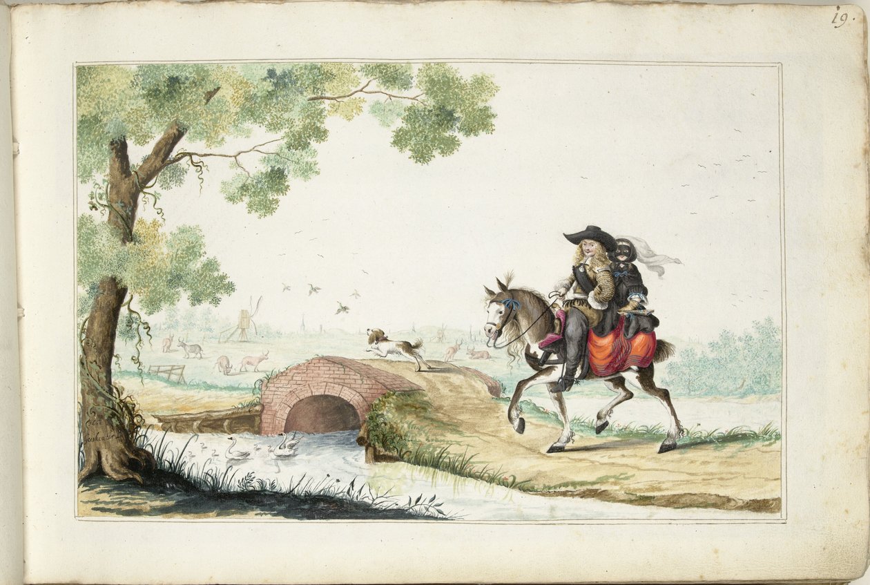 Homem e mulher mascarada a cavalo de Gesina ter Borch (signed by artist)