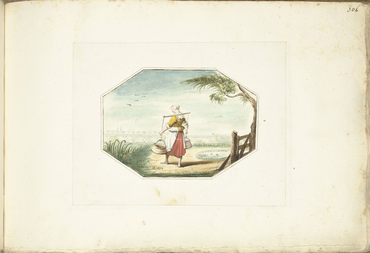 Milkmaid com baldes numa paisagem de Gesina ter Borch (signed by artist)