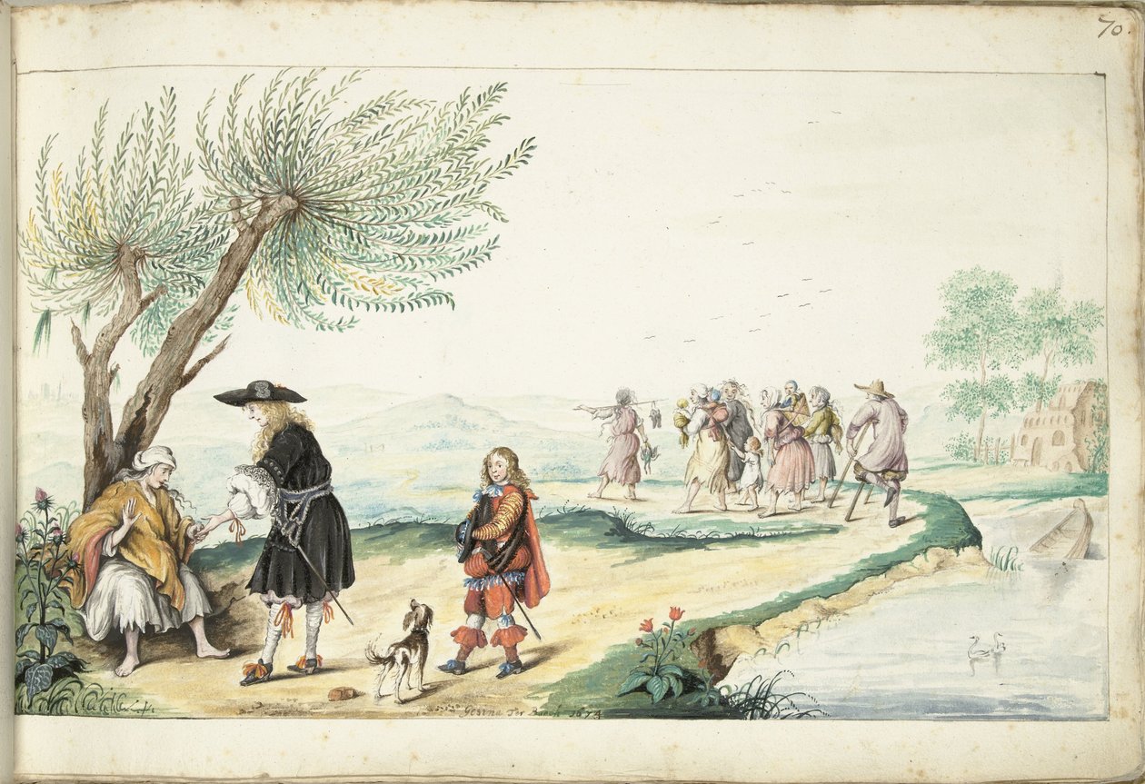 Mulher cigana lê a mão de um cavalheiro (Moisés?) de Gesina ter Borch (signed by artist)