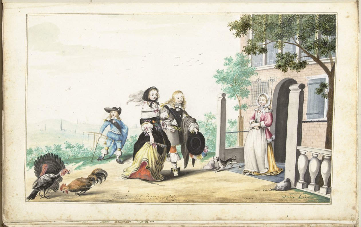 Casal cumprimenta uma senhora à porta de uma casa de campo de Gesina ter Borch (signed by artist)