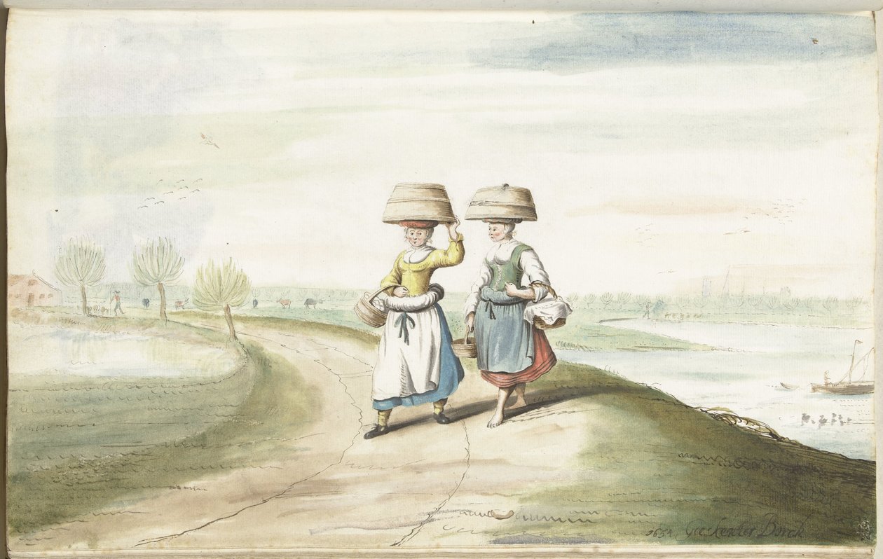 Duas mulheres camponesas a caminhar numa paisagem de Gesina ter Borch (signed by artist)