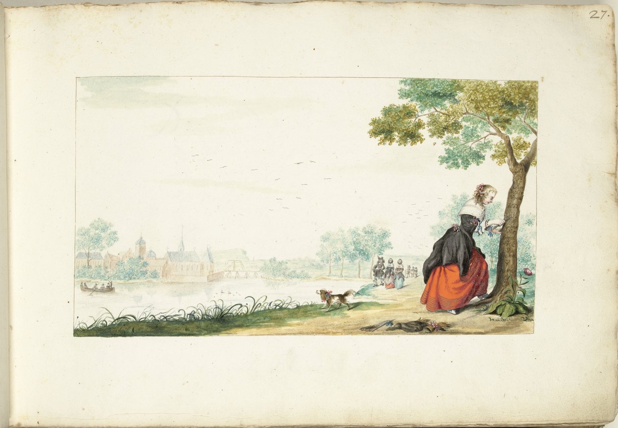 Mulher gravando nomes em uma árvore de Gesina ter Borch (signed by artist)