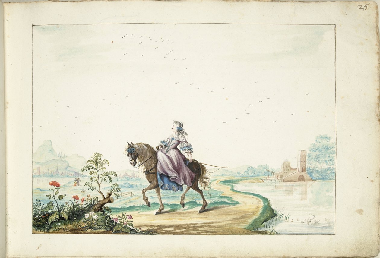 Mulher a cavalo em uma paisagem de Gesina ter Borch (signed by artist)