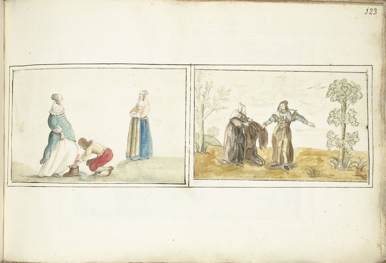 Senhor amarrar um sapato e um ermitão indicando um manto de Gesina ter Borch