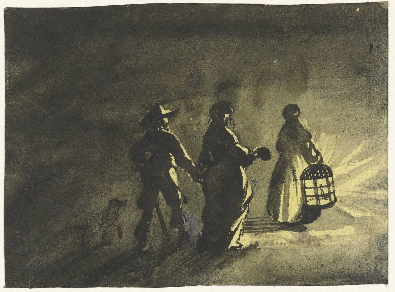 Peça nocturna: casal a caminhar atrás de uma mulher com uma lanterna, por trás de Gesina ter Borch
