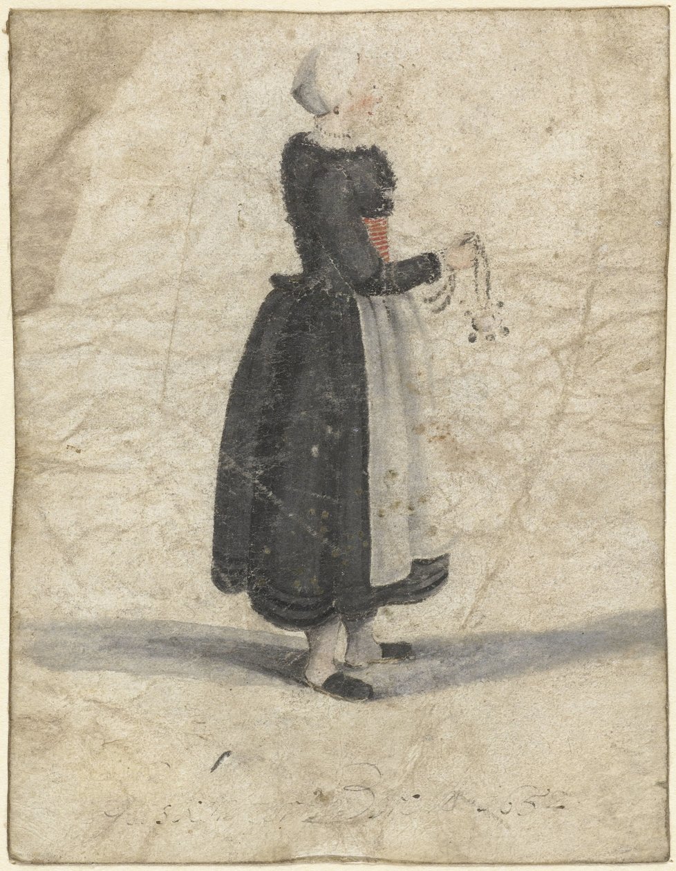 Mulher holandesa do Norte de pé segurando um ornamento ou saco de Gesina ter Borch