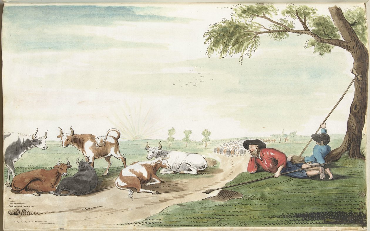 Dois vaqueiros ao nascer ou pôr do sol de Gesina ter Borch