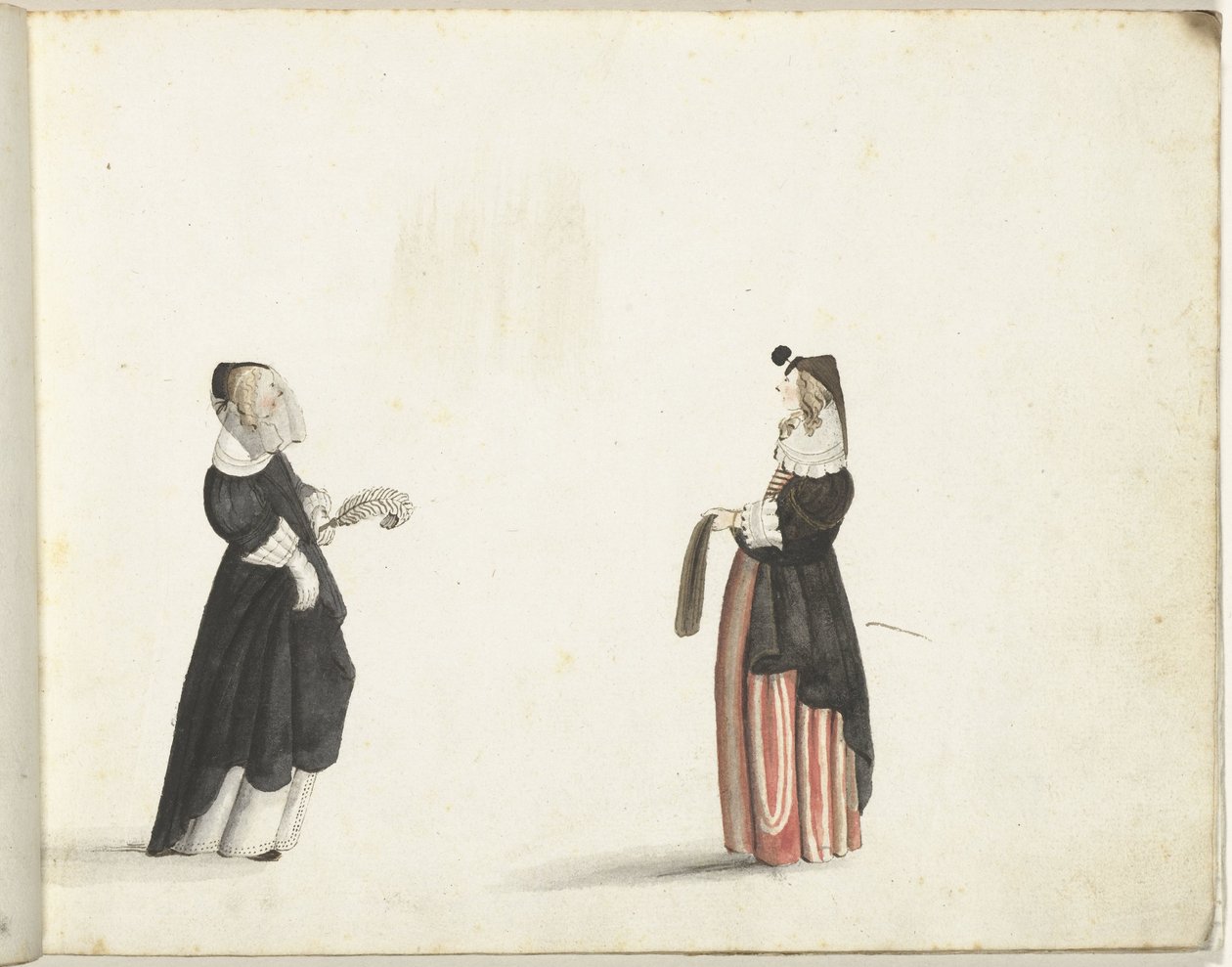 Duas mulheres em pé no perfil de Gesina ter Borch