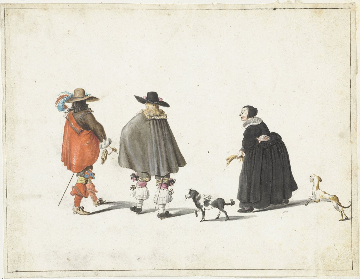 Mulher de preto, acompanhada por dois cachorrinhos, falando com dois cavalheiros de Gesina ter Borch