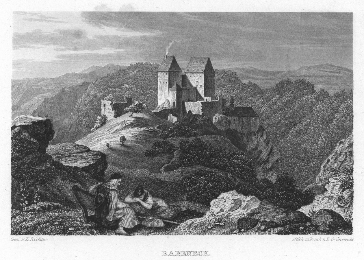 Castelo Rabeneck em álbum da Suíça Franconia. Nove gravuras de aço. 1840 de Gez. v. Adrian Ludwig Richter