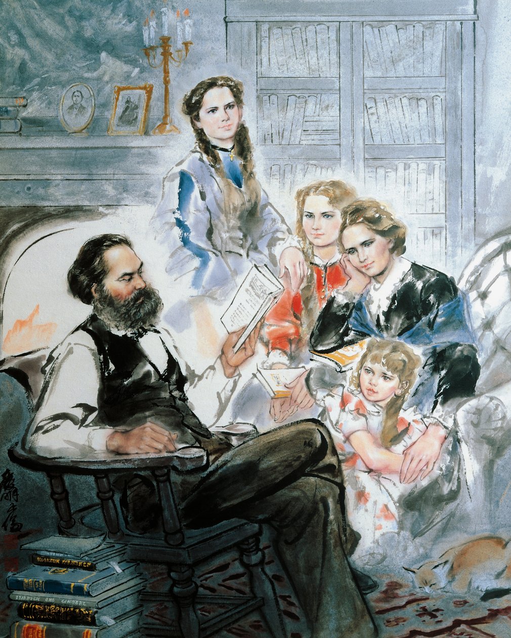 Karl Marx e a sua família (aguarela) de Ghan Zen Mon