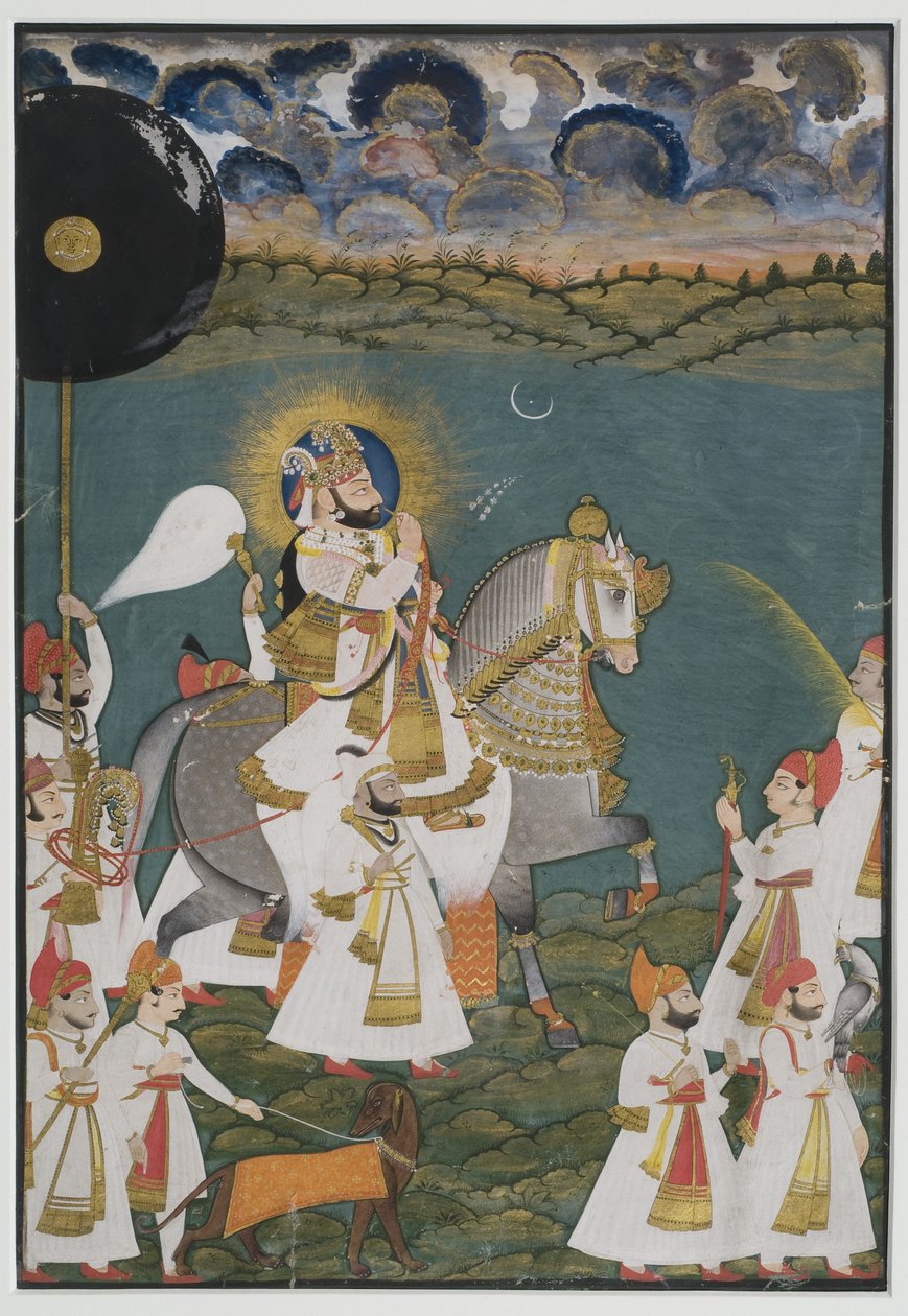 Retrato de Maharana Bhim Singh de Udaipur (1778-1828) a cavalo acompanhado por atendentes, 1820 (guache sobre papel, tocado com ouro) de Ghasi Ghasi