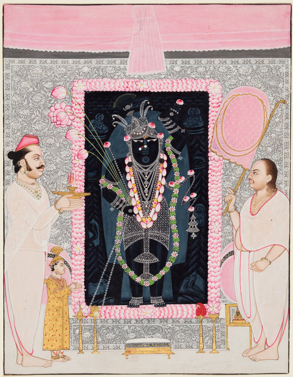 O padre chefe Tilakayat Govardhanlalji faz oferendas a Shri Nathji em celebração..., c. 1890 de Ghasiram Hardev Sharma