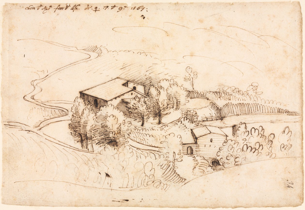 Cultive com árvores em uma paisagem montanhosa reto, 1567. de Gherado Cibo