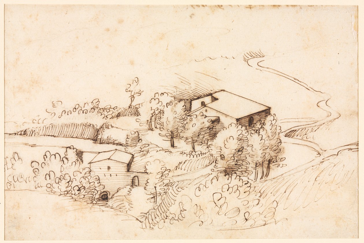 Fazenda com árvores em paisagem montanhosa (verso) de Gherardo Cibo