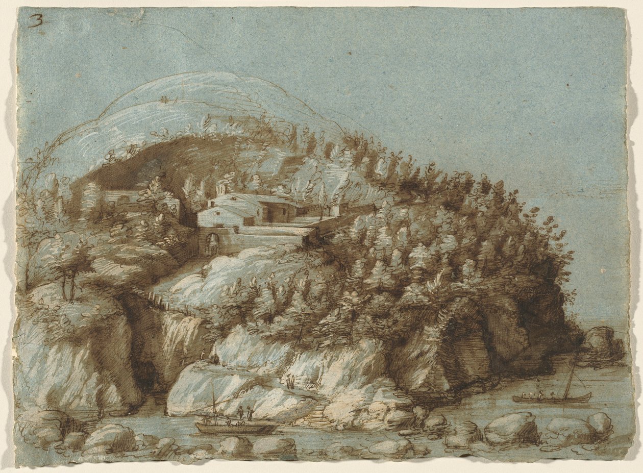 Paisagem montanhosa com navios de Gherardo Cibo