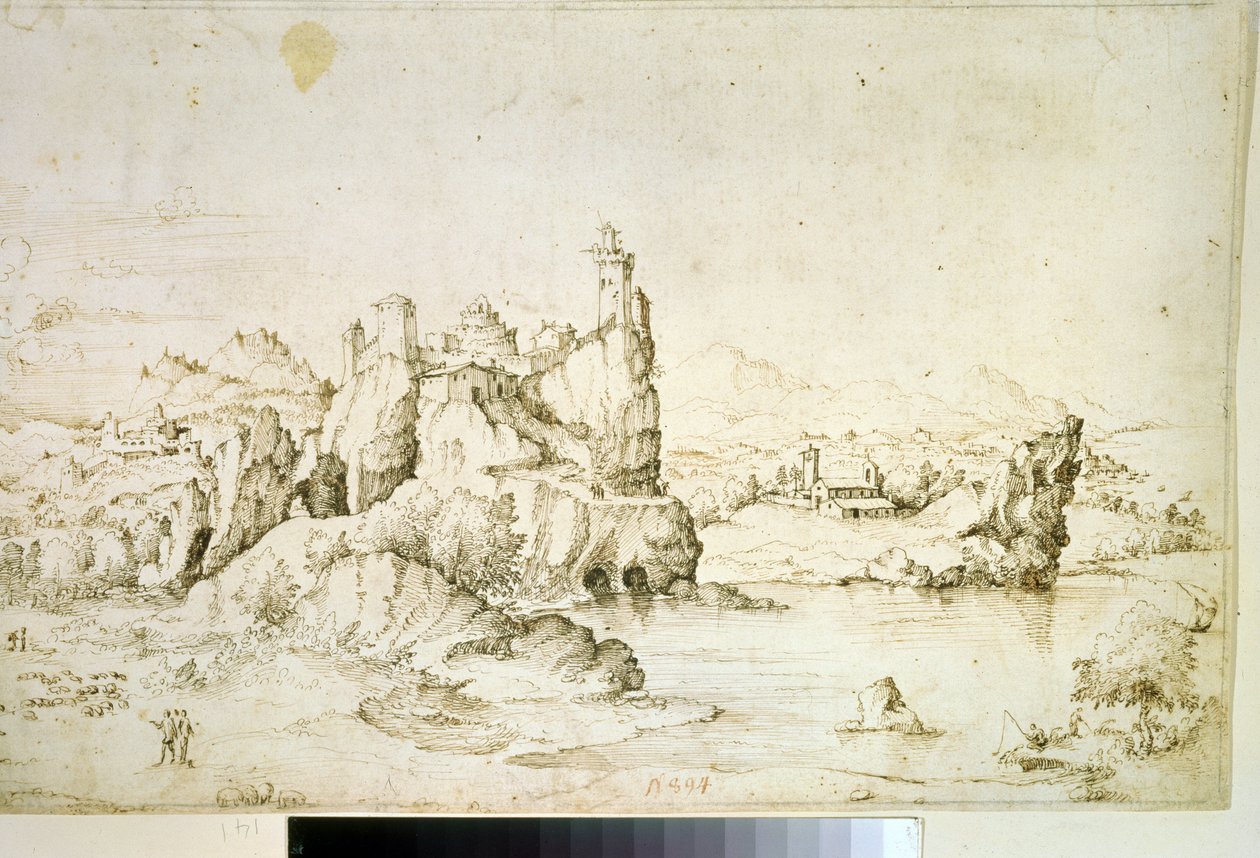 "" Un chateau perche sur une montagne "" (Um castelo em uma rocha na paisagem montanhosa) Desenho em tinta marrom por Gherardo Cibo (1512-1600) 1540 Museu Pushkin, Moscou de Gherardo Cibo