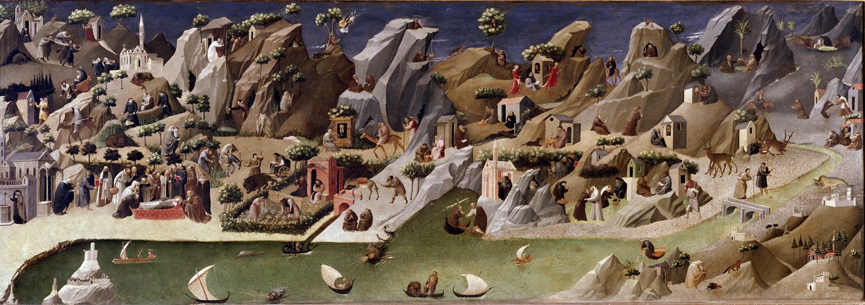 La thebaide des hermits Descrição da vida dos eremitas no deserto - Detrempe na madeira atribuída a Gherardo Starnina (século XIV-15). 1400 aproximadamente Dim 2x0,8 m Florença, galeria degli uffizi (Uffizi) de Gherardo Starnina