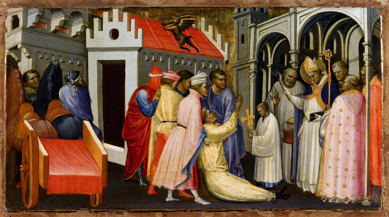 São Hugh de Avalon (1140-1200) ou São Hugh de Lincoln Exorciza um Homem Possuído pelo Diabo - Pintura de Gherardo Starnina (c. 1364-1413) - 1404-1407 - Tempera em painel - 28,4x50,4 - de Gherardo Starnina