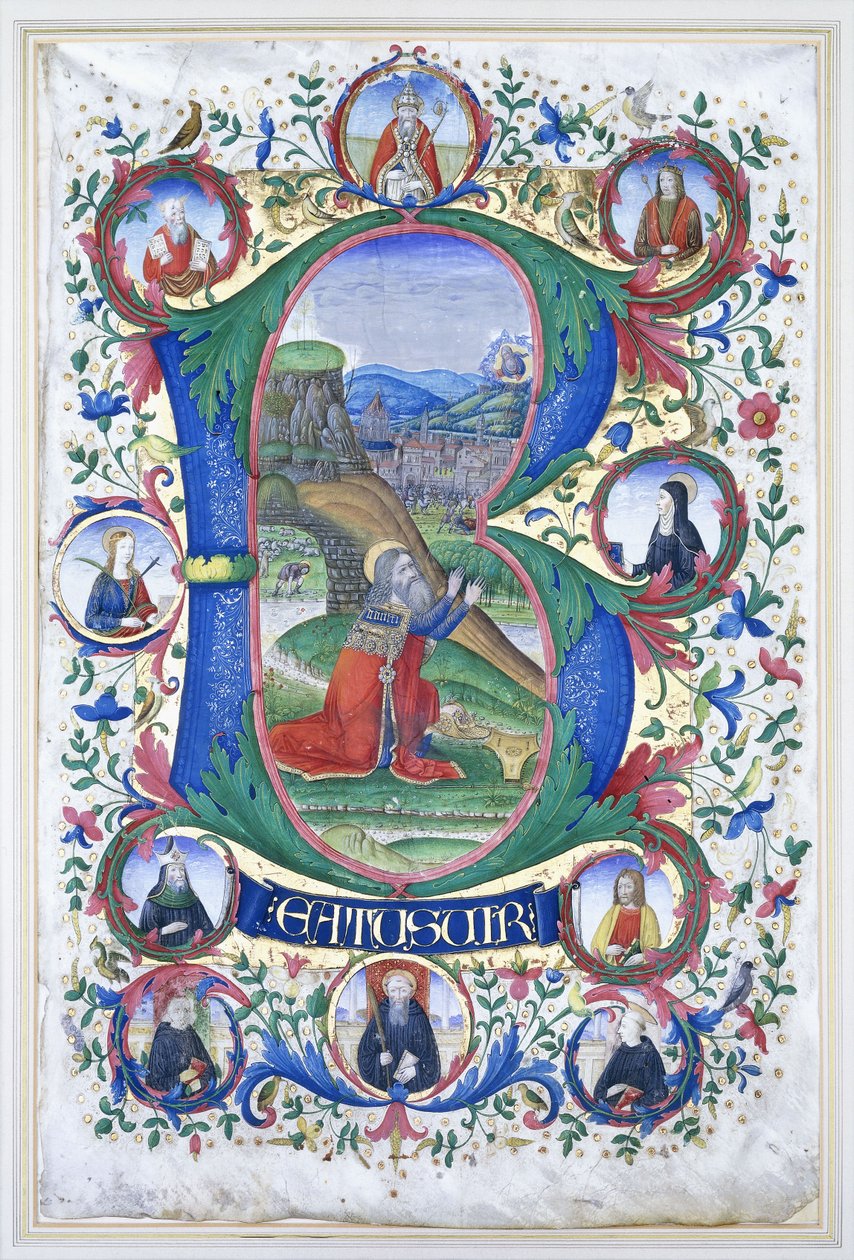 Rei Davi em oração dentro de um "B" inicial muito grande, cercado por dez grandes rodelas, cada uma contendo o retrato de um santo, c.1500 de Gherardo di Giovanni del Fora