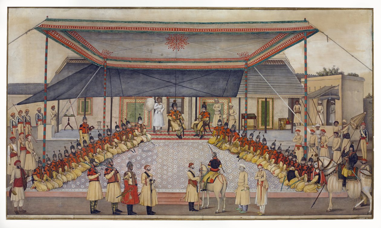 Coronel James Skinner segurando um Regimental Durbar, 1827 (wc com guache sobre papel) de Ghulam Ali Khan