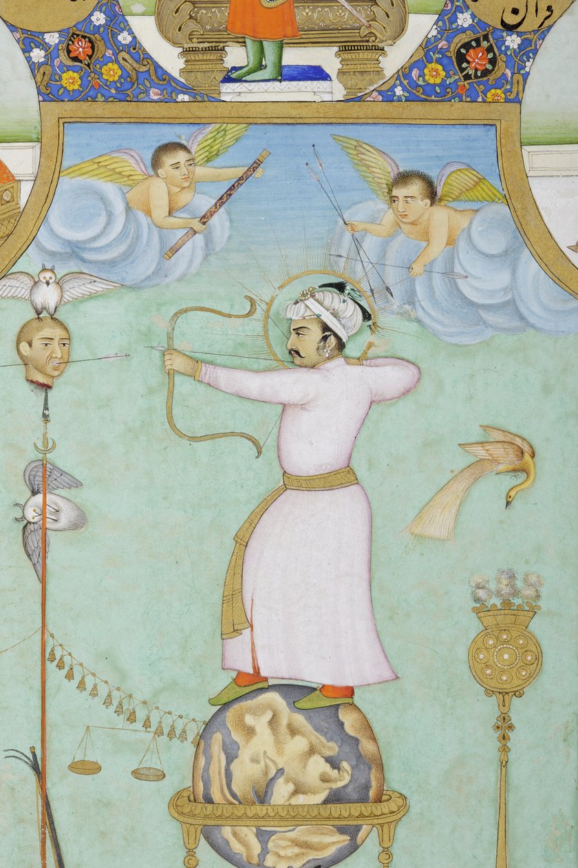 Detalhe do retrato alegórico de Jahangir (aguarela opaca e ouro sobre papel) de Ghulam Ali Khan
