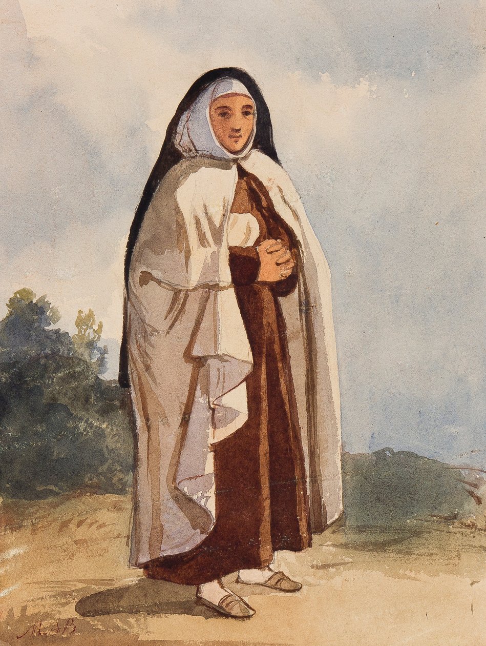Uma freira, com adições da princesa Maria Annunziata di Borbone (1843-1871) (lápis e wc no papel) de Giacinto Gigante