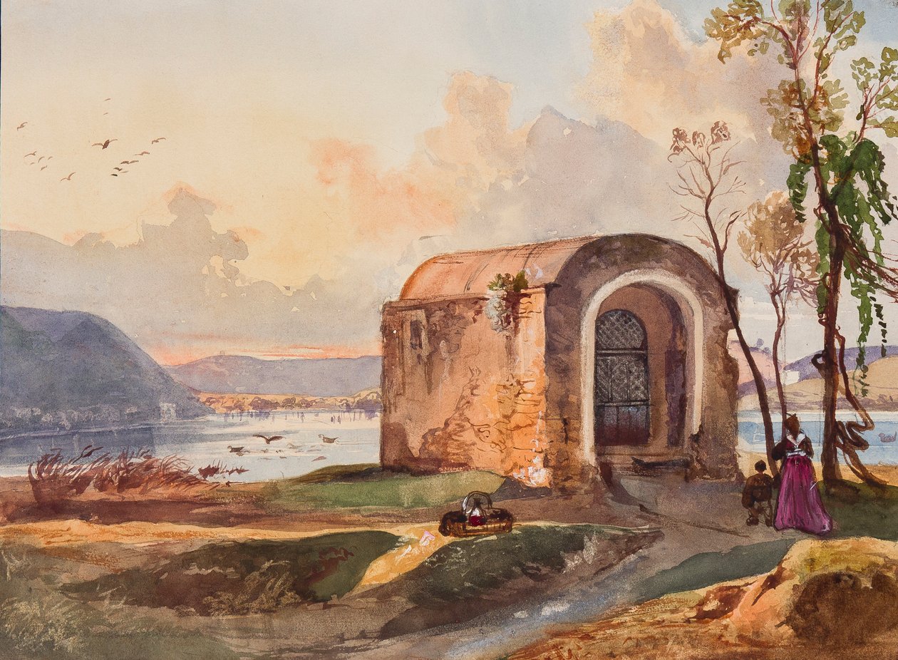 Capela do Lago Lucrino, com acréscimos de uma aluna Borbone, possivelmente da Princesa Maria Annunziata di Borbone (1843-1871) (lápis, wc e guache sobre papel) de Giacinto Gigante