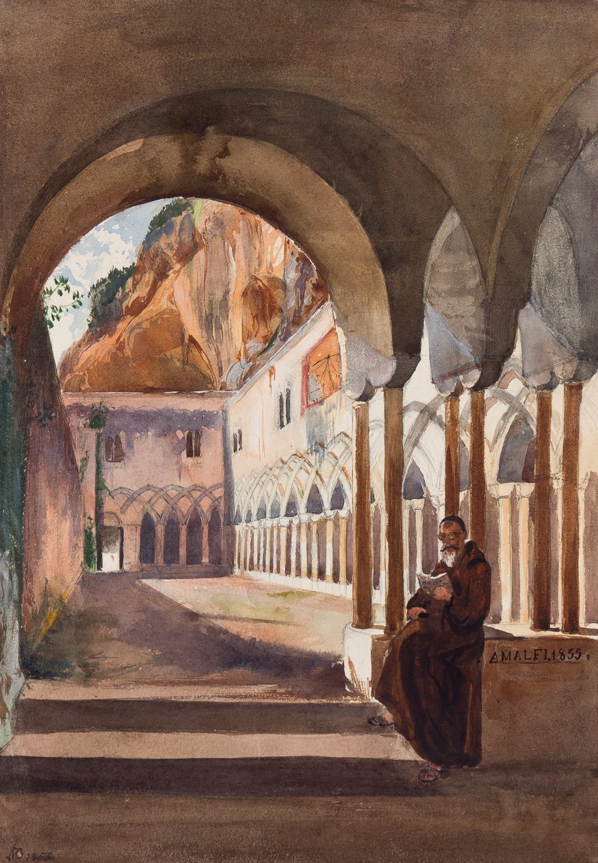 Claustros em Amalfi, com adições pelo Príncipe Luigi Maria di Borbone (1838-1886), 1855 (lápis e wc no papel) de Giacinto Gigante