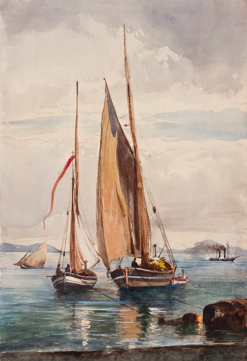 Barcos de pesca e navio a vapor, com adições pelo Príncipe Alfonso Maria di Borbone (1841-1934) (lápis, wc e guache sobre papel) de Giacinto Gigante
