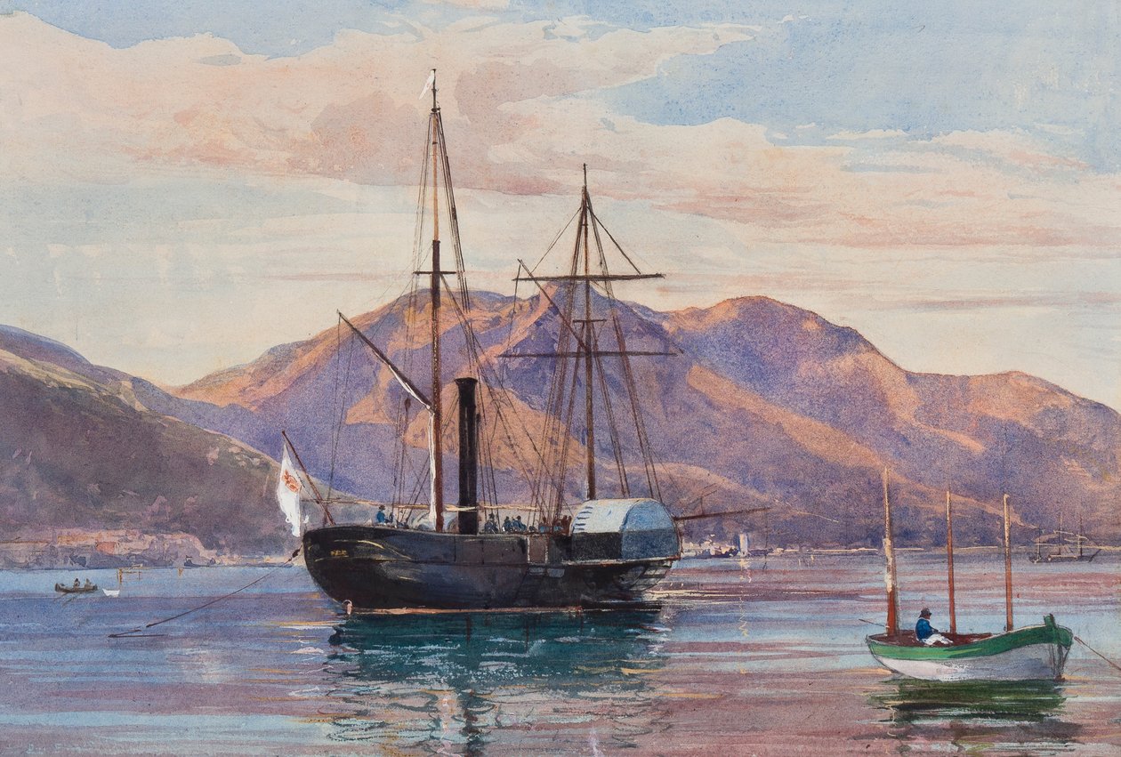 Gaeta: uma fragata a vapor, possivelmente o navio a vapor real Delfino ou Archimede que arvora a bandeira de Borbone, com adições de um aluno de Borbone, possivelmente a princesa Maria Annunziata di Borbone (1843-1871) (penc de Giacinto Gigante