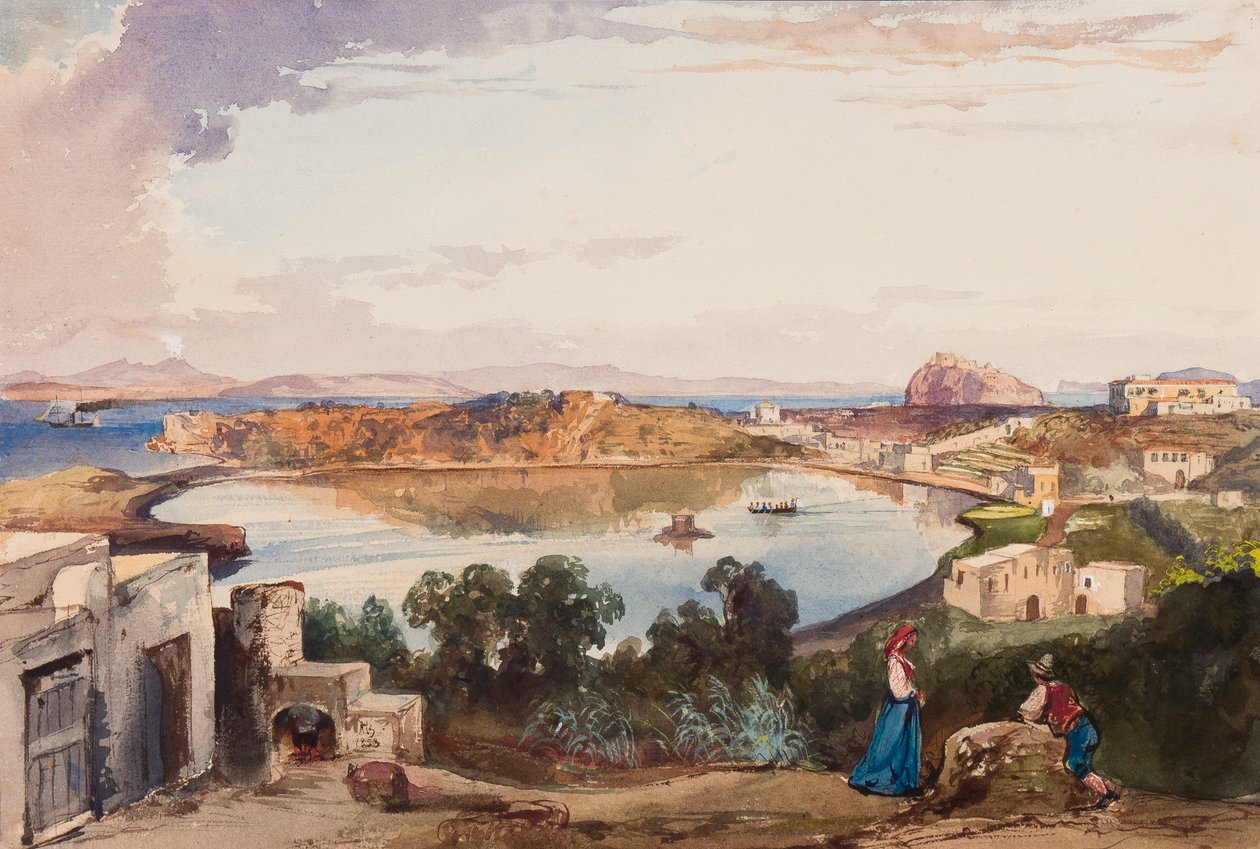 Ísquia, a caldeira logo antes da entrada para o mar foi cortada, o Palácio Real à direita, com adições pelo Príncipe Alfonso Maria di Borbone (1841-1934), 1853 (lápis, wc e guache sobre papel) de Giacinto Gigante