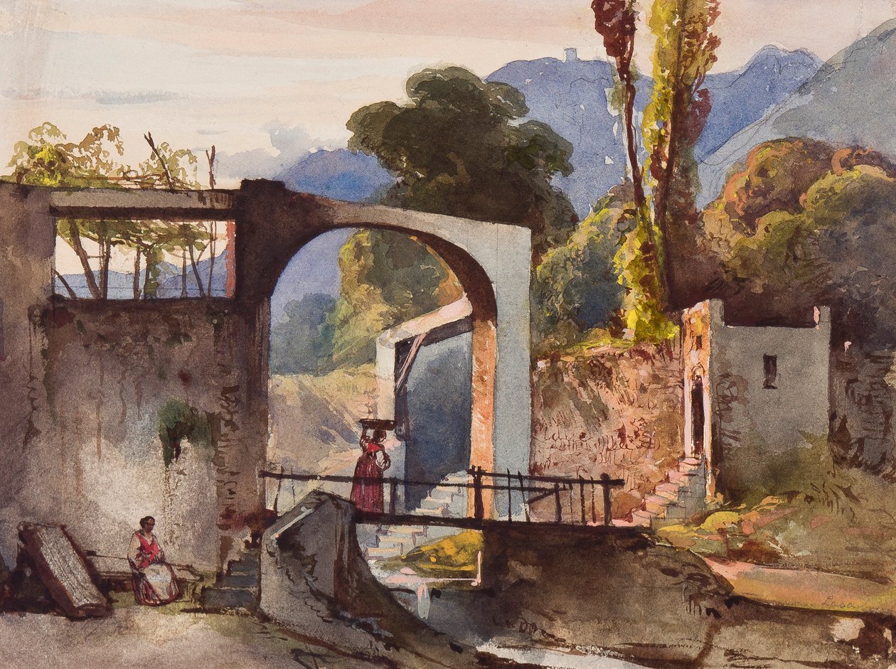 Possivelmente, o Belvedere em Sorrento, com adições pelo Príncipe Francesco d&39;Assisi di Borbone (1888-1914) (lápis, wc e guache sobre papel) de Giacinto Gigante