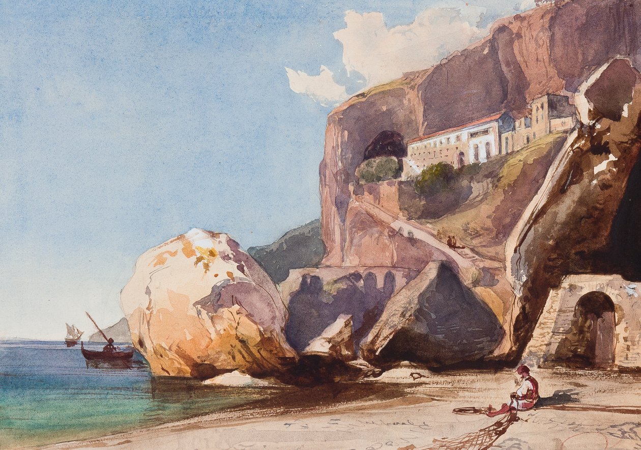 O Mosteiro dos Capuchinhos em Amalfi da praia, com adições do Príncipe Alfonso Maria di Borbone (1841-1934) (lápis, wc e guache sobre papel) de Giacinto Gigante