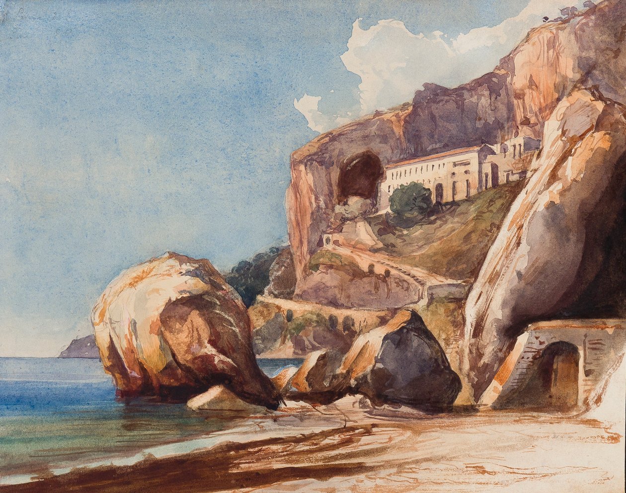 O Mosteiro dos Capuchos em Amalfi da praia, com acréscimos por uma pupila Borbone (lápis e wc no papel) de Giacinto Gigante