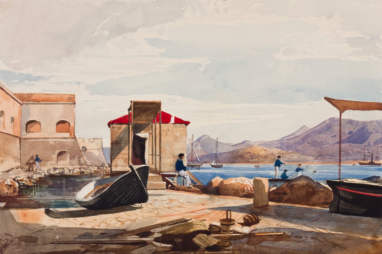 O porto de Gaeta, com adições da princesa Maria Annunziata di Borbone (1843-1871) (lápis, wc e guache sobre papel) de Giacinto Gigante