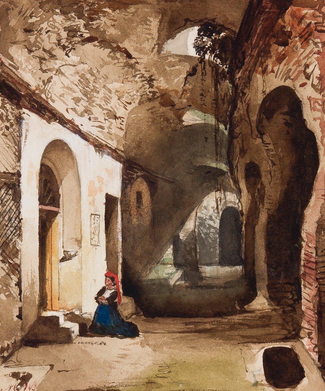 Mulher rezando em santuário abobadado no anfiteatro de Pozzuoli, com acréscimos da princesa Maria Annunziata di Borbone (1843-1871) (lápis, wc e guache sobre papel) de Giacinto Gigante