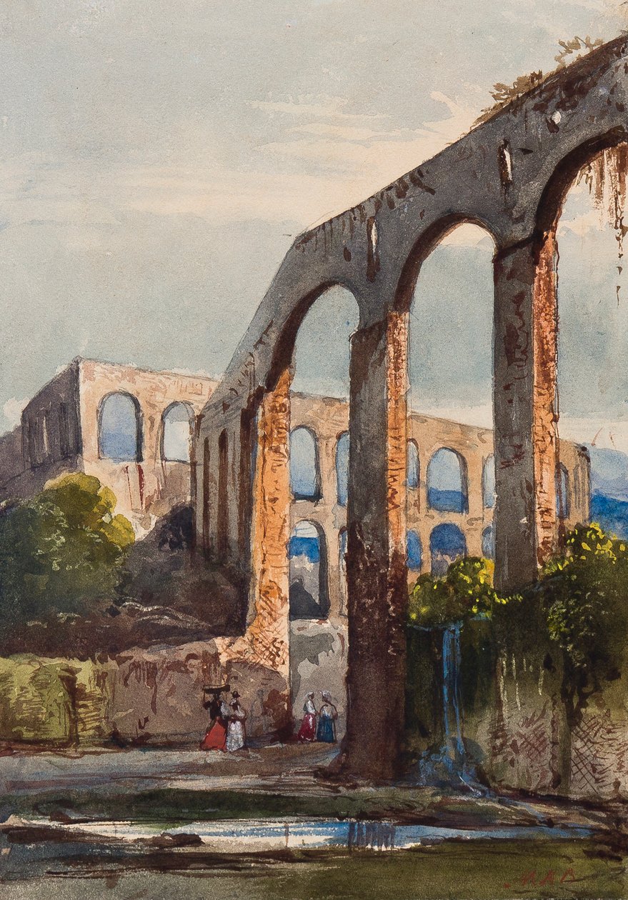 Mulheres sob o aqueduto romano de Maddaloni, com acréscimos da princesa Maria Annunziata di Borbone (1843-1871) (lápis, wc e guache sobre papel) de Giacinto Gigante