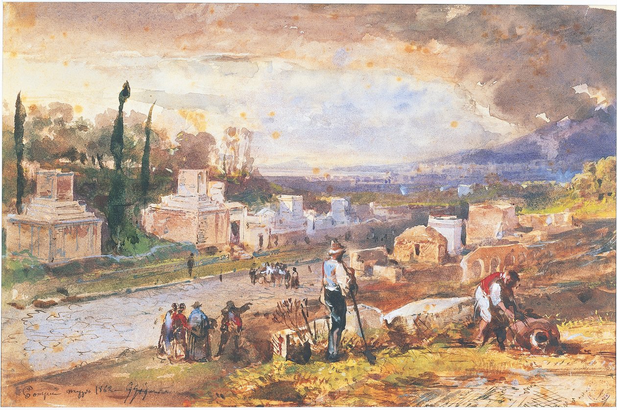 Itália, Pompeia, A Rua dos Túmulos 1862 (aguarela) de Giacinto Gigante