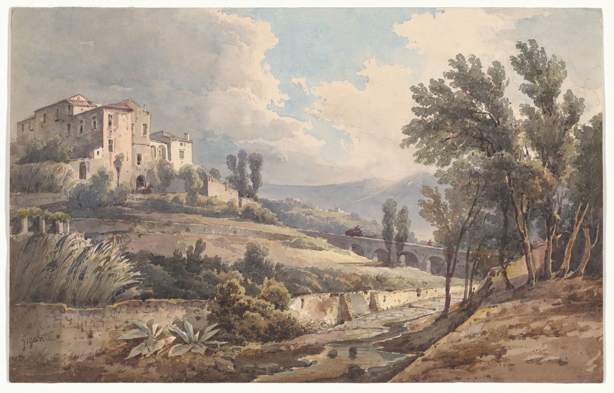 Paisagem com uma villa numa colina e uma ponte nas proximidades de Cava de Giacinto Gigante