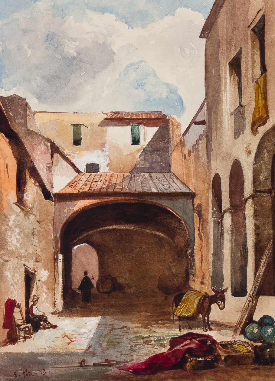 Passagem e rua com figuras, com acréscimos de um aluno Borbone, possivelmente do príncipe Alfonso Maria di Borbone (1841-1934), 1853 (lápis, wc e guache sobre papel) de Giacinto Gigante