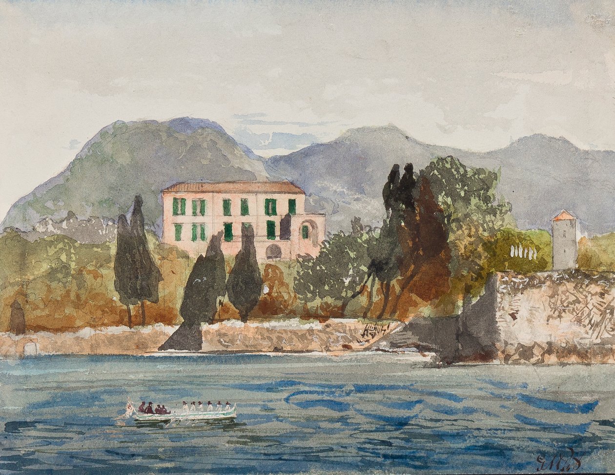 Barcaça de remo com a bandeira Borbone aproximando-se de uma grande casa na costa napolitana, com adições pelo Príncipe Gaetano Maria Federico di Borbone (1846-1871) (lápis, wc e guache) de Giacinto Gigante