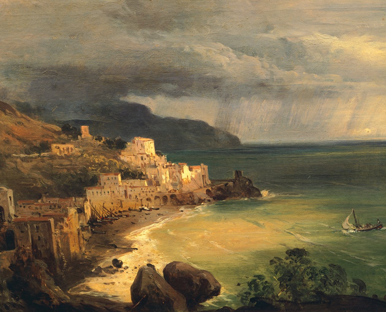 Tempestade na costa de Amalfi e Golfo de Nápoles por Giacinto Gigante (1806-1876), Itália de Giacinto Gigante