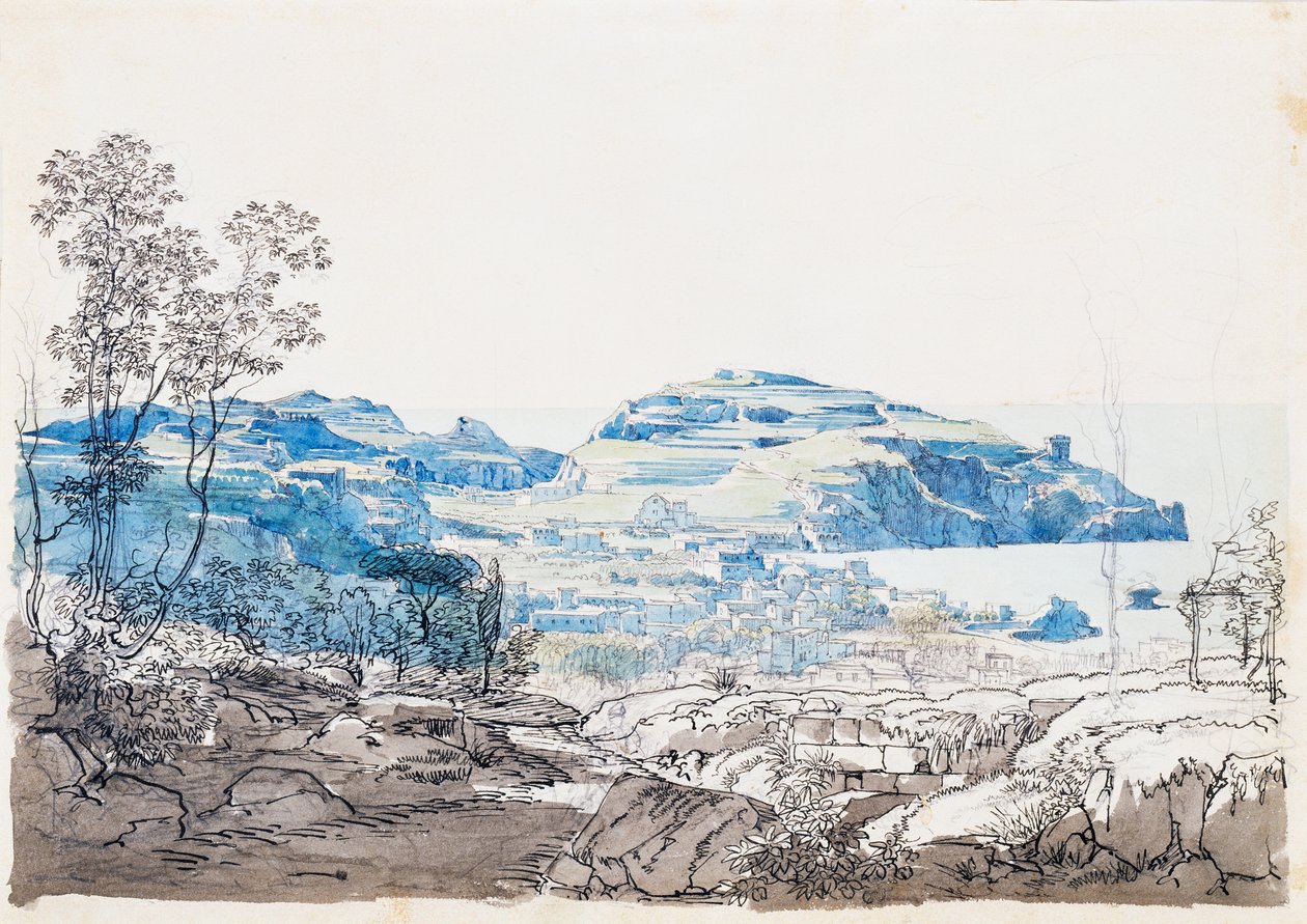 Vista de Ischia (Lacco Ameno), c. 1845 (lápis, caneta e aquarela) de Giacinto Gigante
