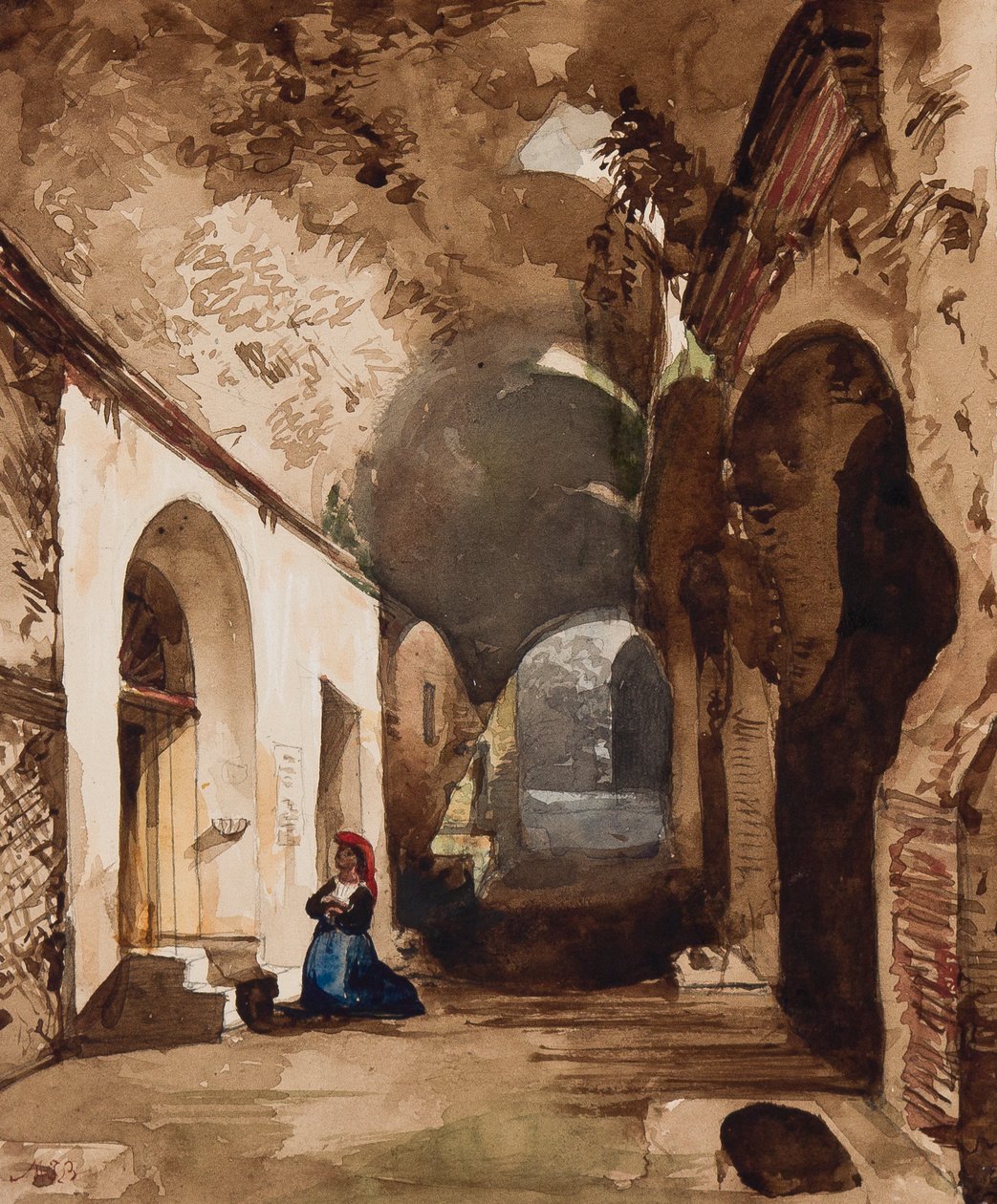 Mulher rezando em santuário abobadado no anfiteatro de Pozzuoli, com acréscimos da princesa Maria Annunziata di Borbone (1843-1871) (lápis, wc e guache sobre papel) de Giacinto Gigante