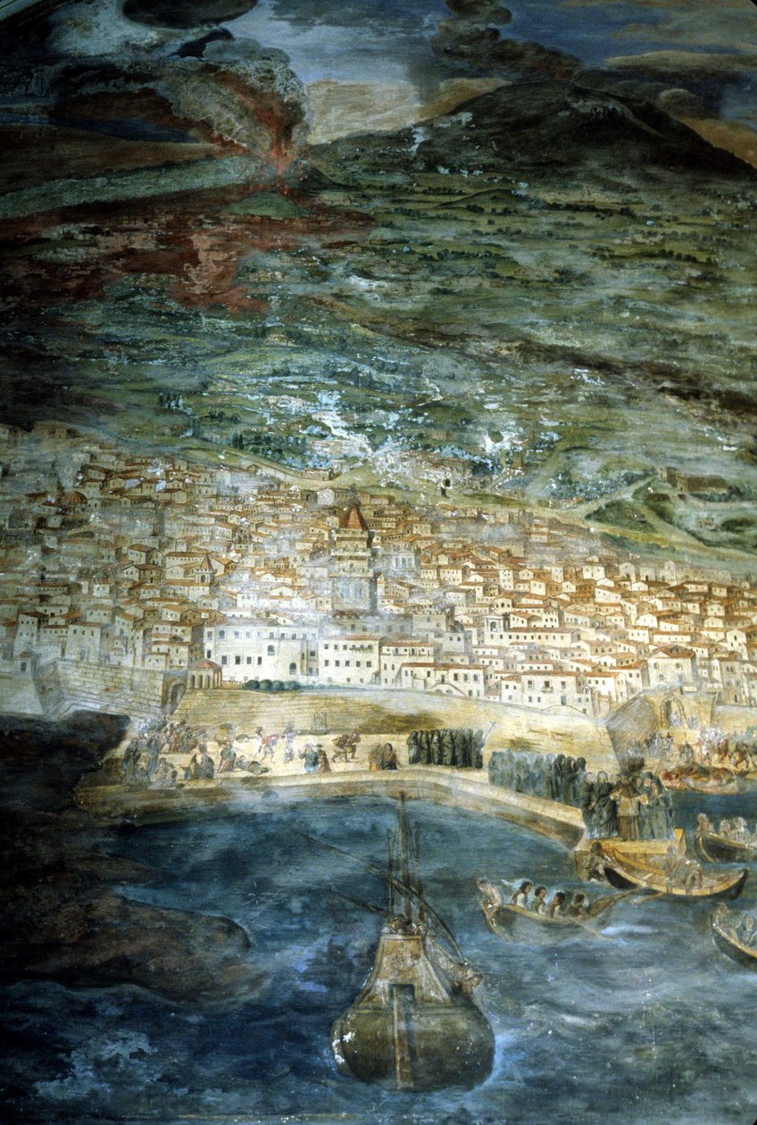 Em 1669, a cidade de Catânia (Sicília) foi devorada pela erupção do Etna. Pintura de Giacinto Platanio. Sacristia do Duomo de Catania. de Giacinto Platanio