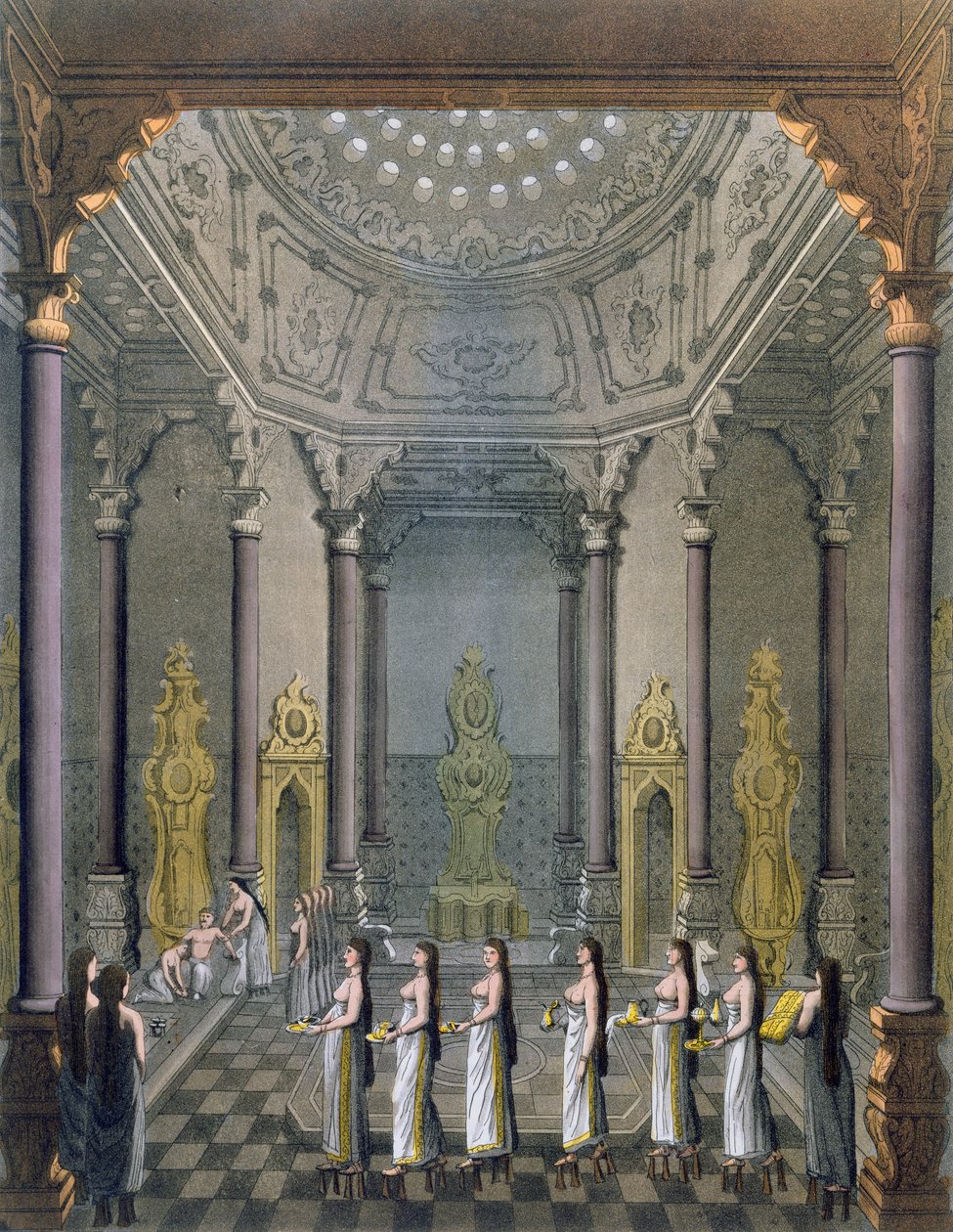 Um sultão otomano tomando banho com seu harém, de &39;Le Costume Ancien et Moderne&39;, de Jules Ferrario, publicado em Milão, c.1820s-30s (gravura colorida) de Giacomo Bussi